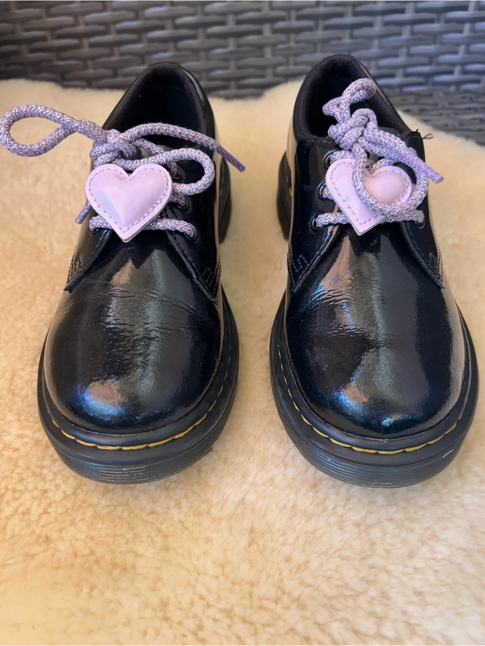 Dr Martens 1461 J Girls Oxford Shoes Sz 13 Black Patent Galaxy Shimmer Heart